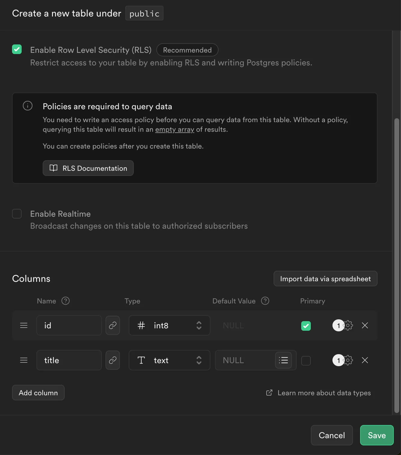 notes 테이블 생성